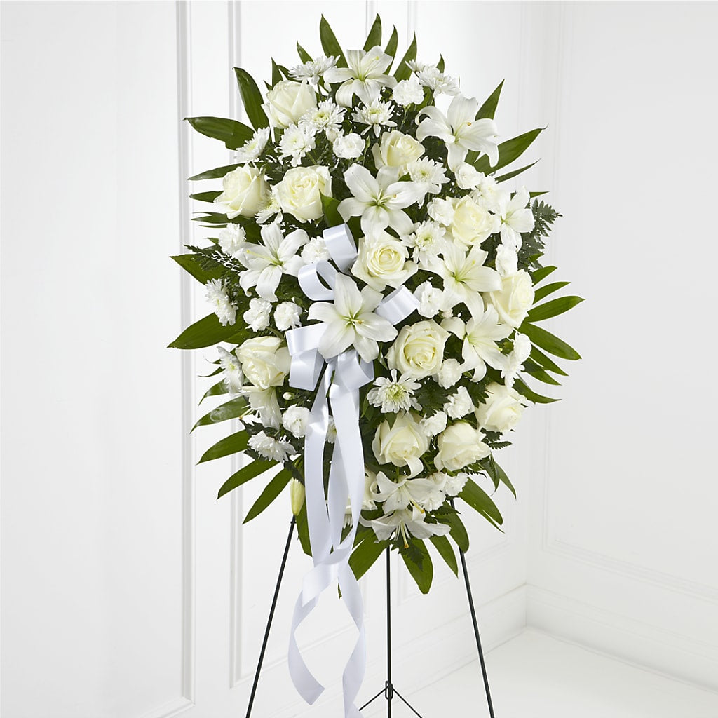 Exquisite Tribute Standing Spray-White Ribbon – Flowers In The 419, Toledo OH